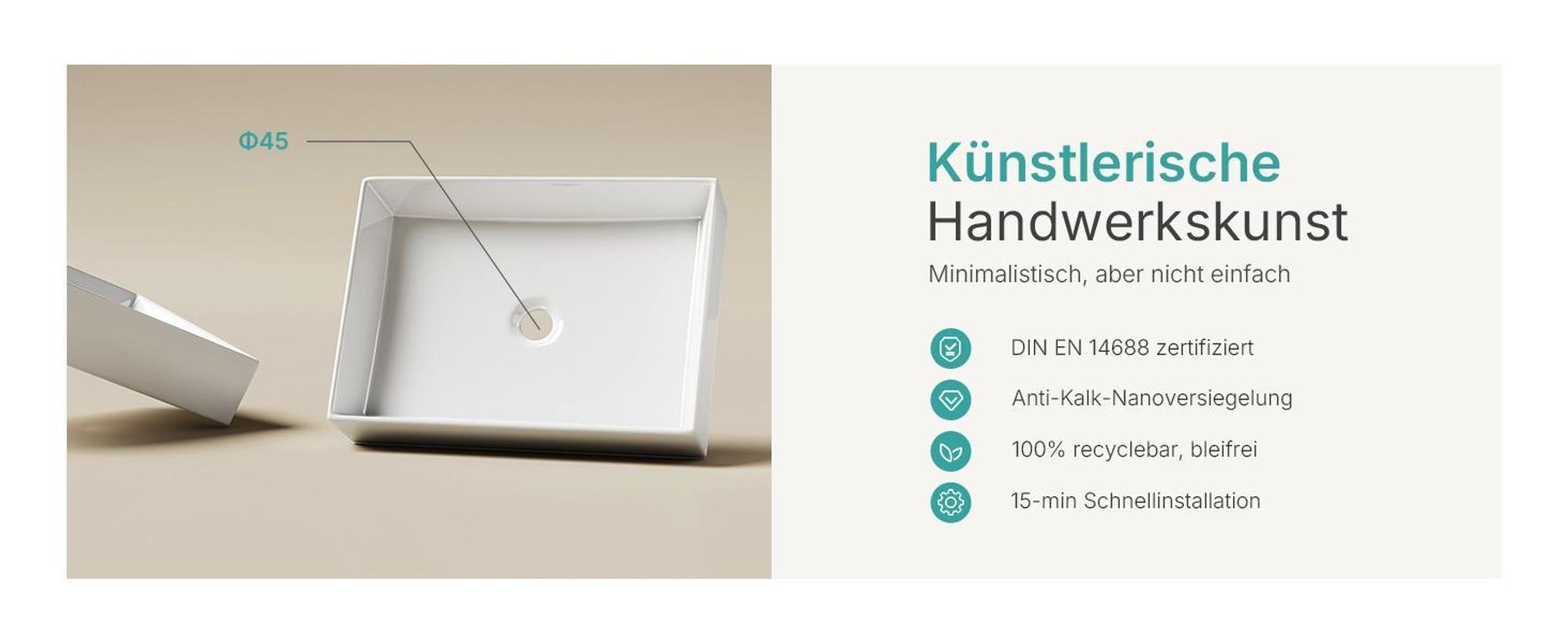EMKE Aufsatzwaschbecken 505/510x370mm Rechteckig mit sanften Rundungen, Keramik Glänzend Weiß, ohne Hahnloch & Überlauf, Modernes Design
