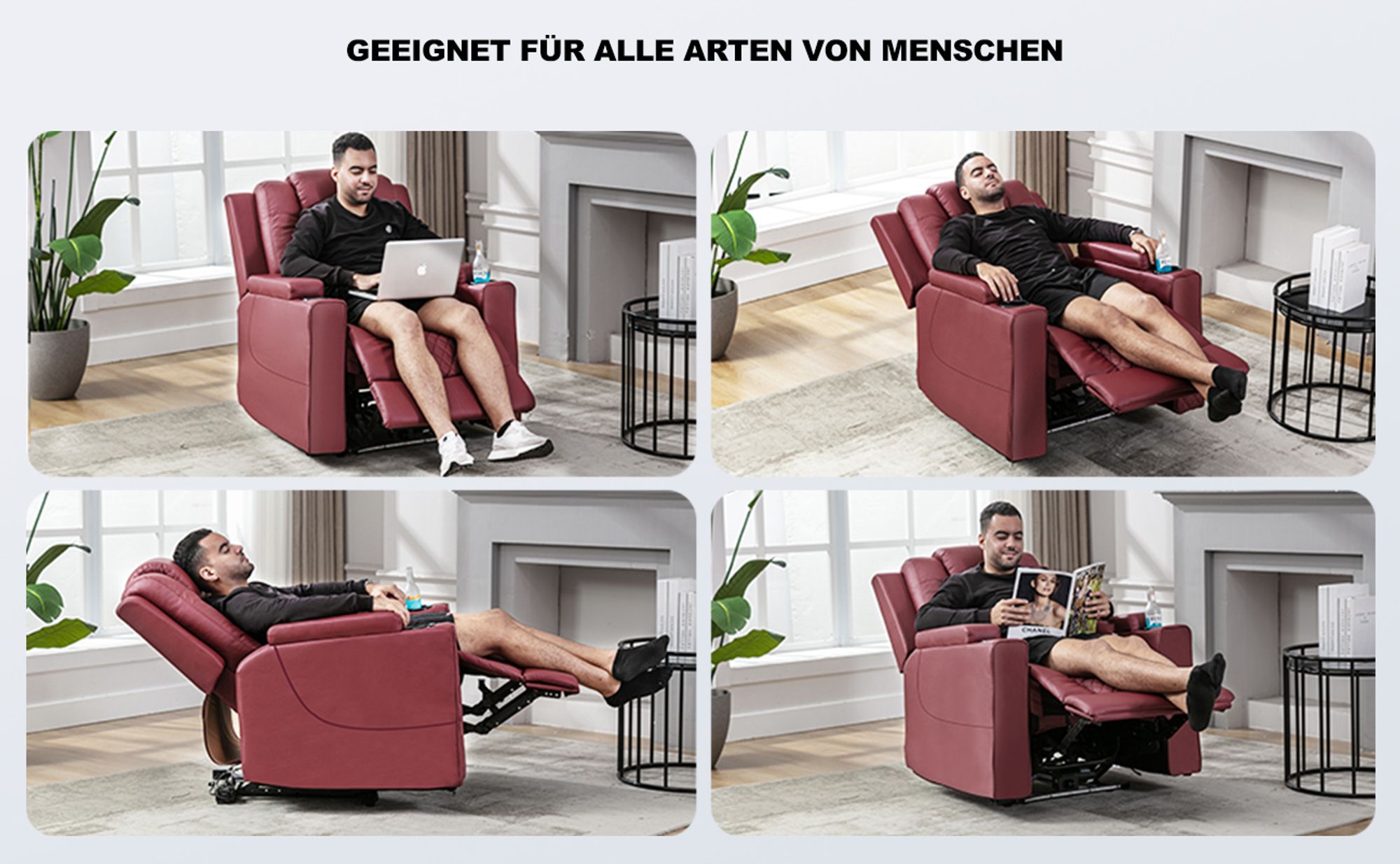 COMHOMA Elektrisch Relaxsessel TV-Sessel mit Massagefunktion, LED-Lichtern, Fernbedienung, Aufbewahrungstasche und 2 Getränkehaltern, rot.