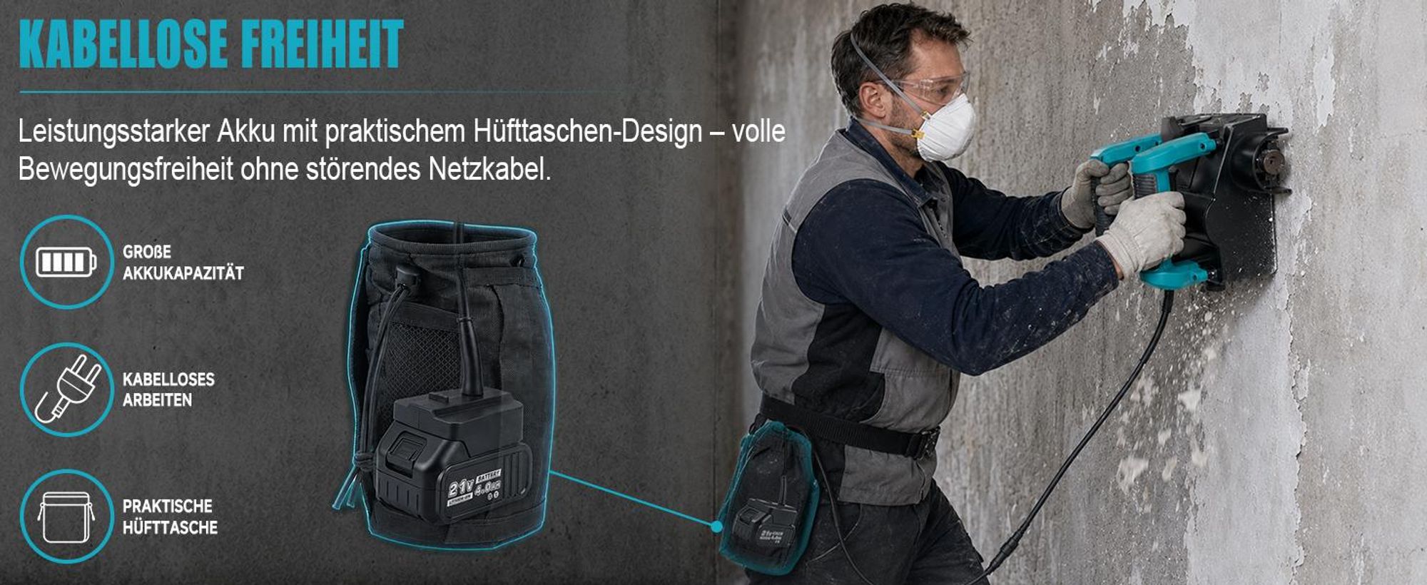 Akku-Wandfräse 1600W, Bürstenlos, für Makita Akku 18V, 0–4 mm, 6-stufig, 120mm Planfräsbreite + 30mm Seitenfräser Betonfräse Putzfräse Sanierungsfräse