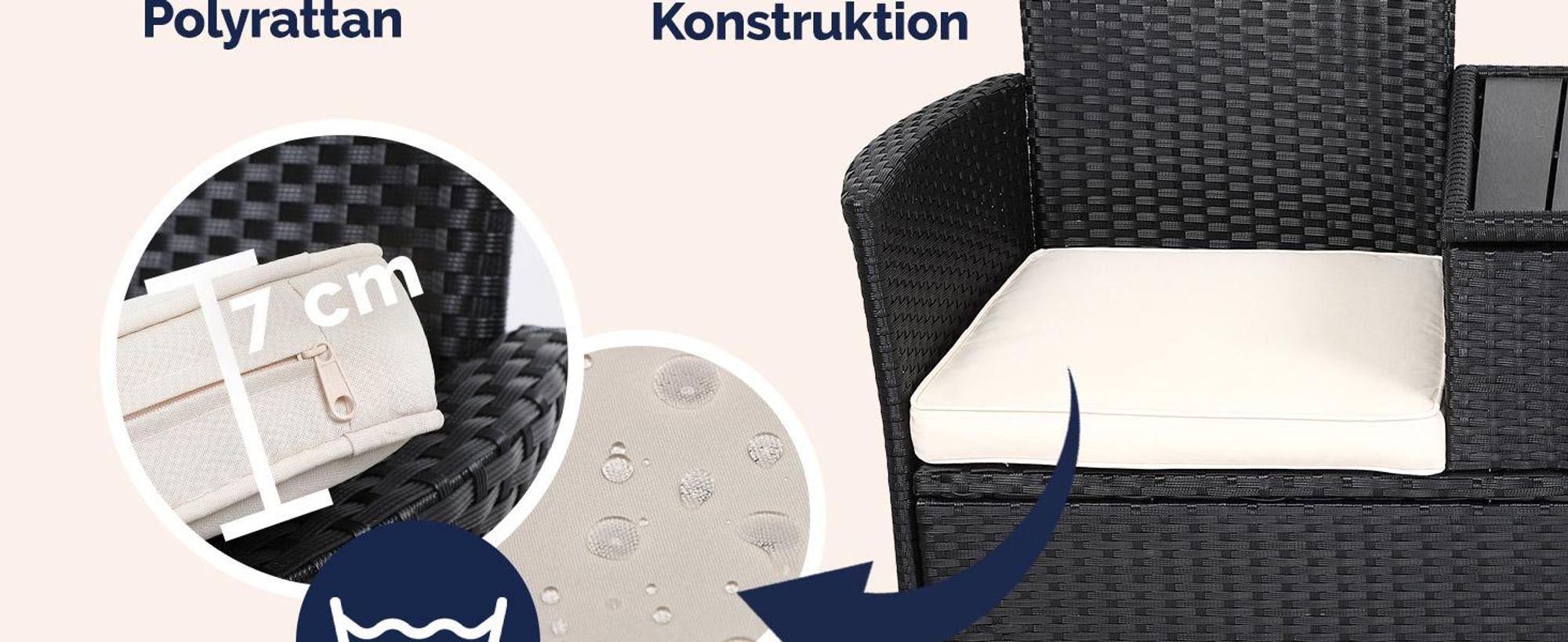CASARIA® Gartenbank Sitzbank inkl. Auflagen Wetterfest Polyrattan 320kg Belastbar Tisch Ablage UV-beständig Garten Balkon Bank 2-Sitzer 143x64cm Schwarz
