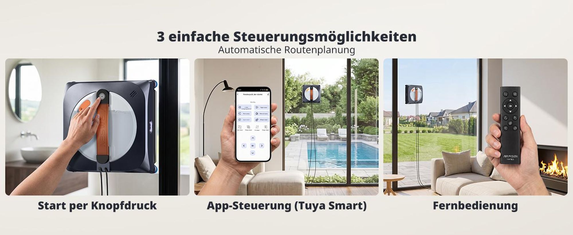 AIRMSEN Fensterputzroboter, 3400 Pa Saugkraft, 6 Sprühdüsen, 180 ml Wassertank, 4 Schwimmwischer, 4 Reinigungsmodi, geräuscharmer Glasreiniger