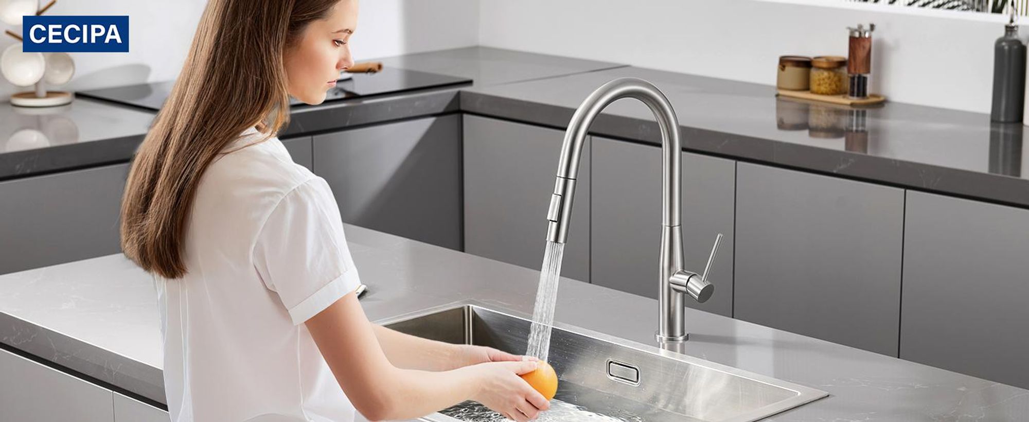360° Drehbar, Ausziehbar Spültischarmatur, Cecipa Küchenarmatur 304 Edelstahl, 2 Strahlarten Wasserhahn, Einhandmischer für Spüle, Gebürstet