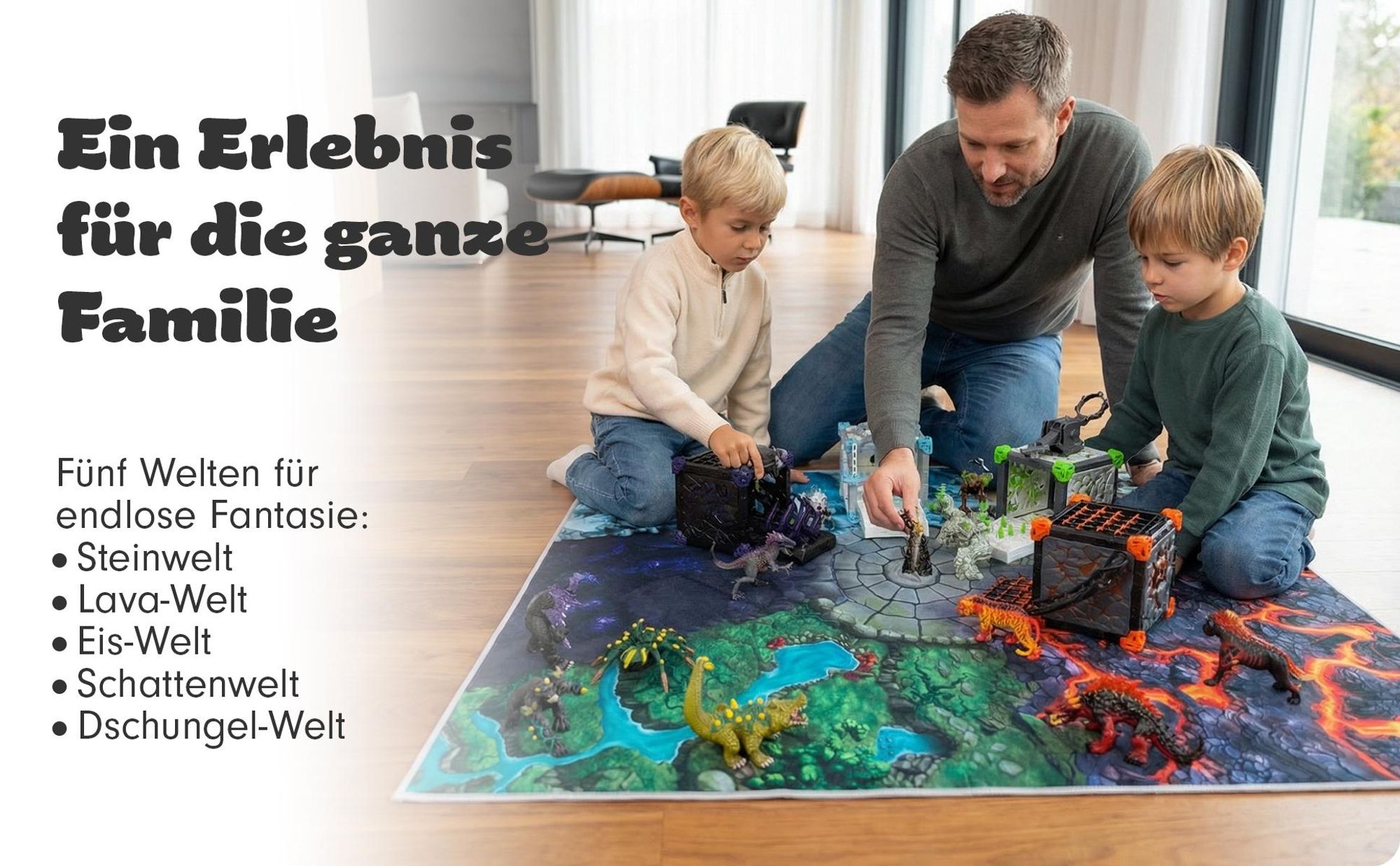 SkippiDoo Spielteppich Fantasy 120x120cm – 5 Welten mit Battle Arena – Lava, Eis, Dschungel, Stein und Schatte – rutschfest für z.B. Eldrador® passend