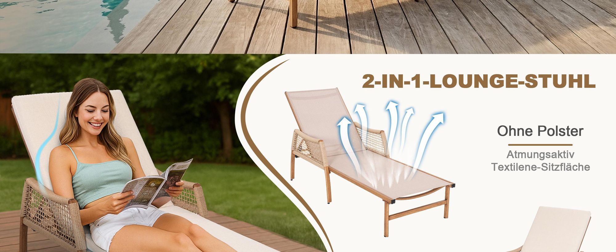 Avestar Sonnenliege, verstellbare Rückenlehne mit Kissen, handgeflochtene Rattan-Armlehnen und handgebürstetes Aluminium, Beige