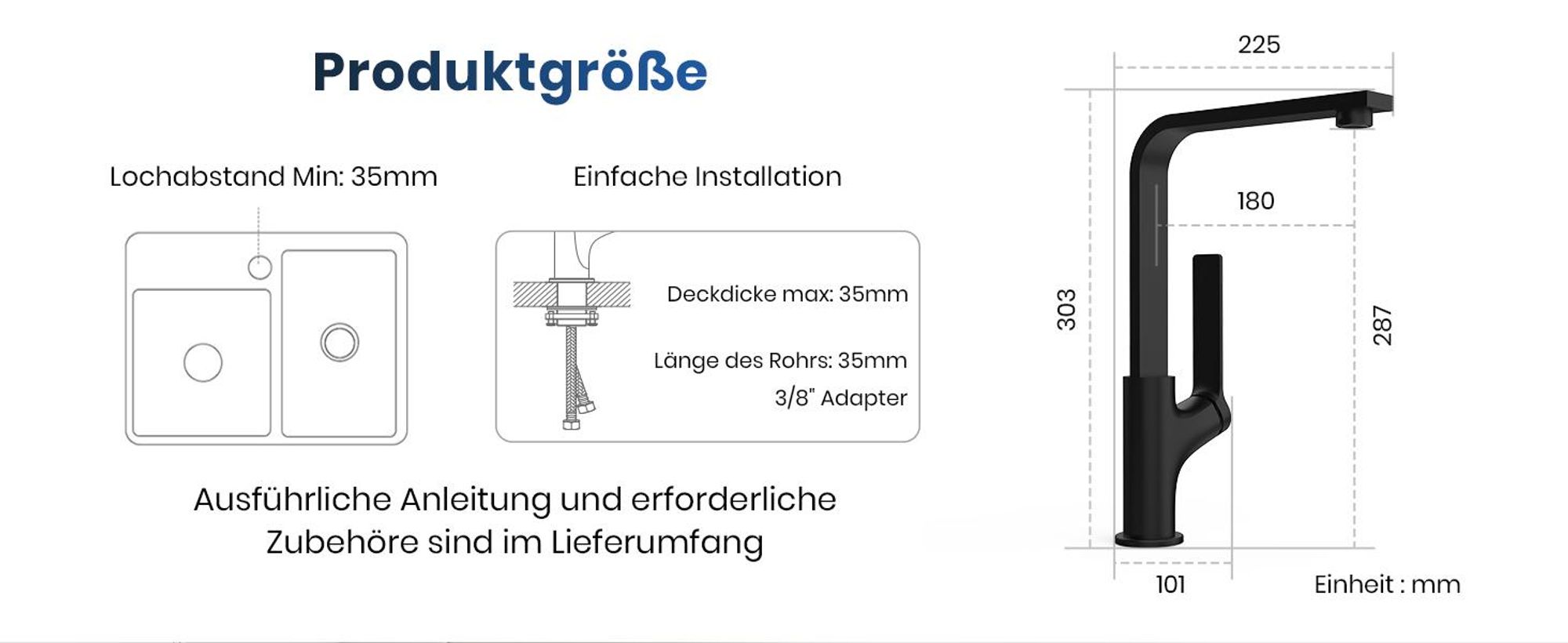 EMKE Küchenarmatur Spültischarmatur Einhebelmischer Spüle 360° schwenkbar Wasserhahn Küche mit flachem Auslauf, Messing Mattschwarz