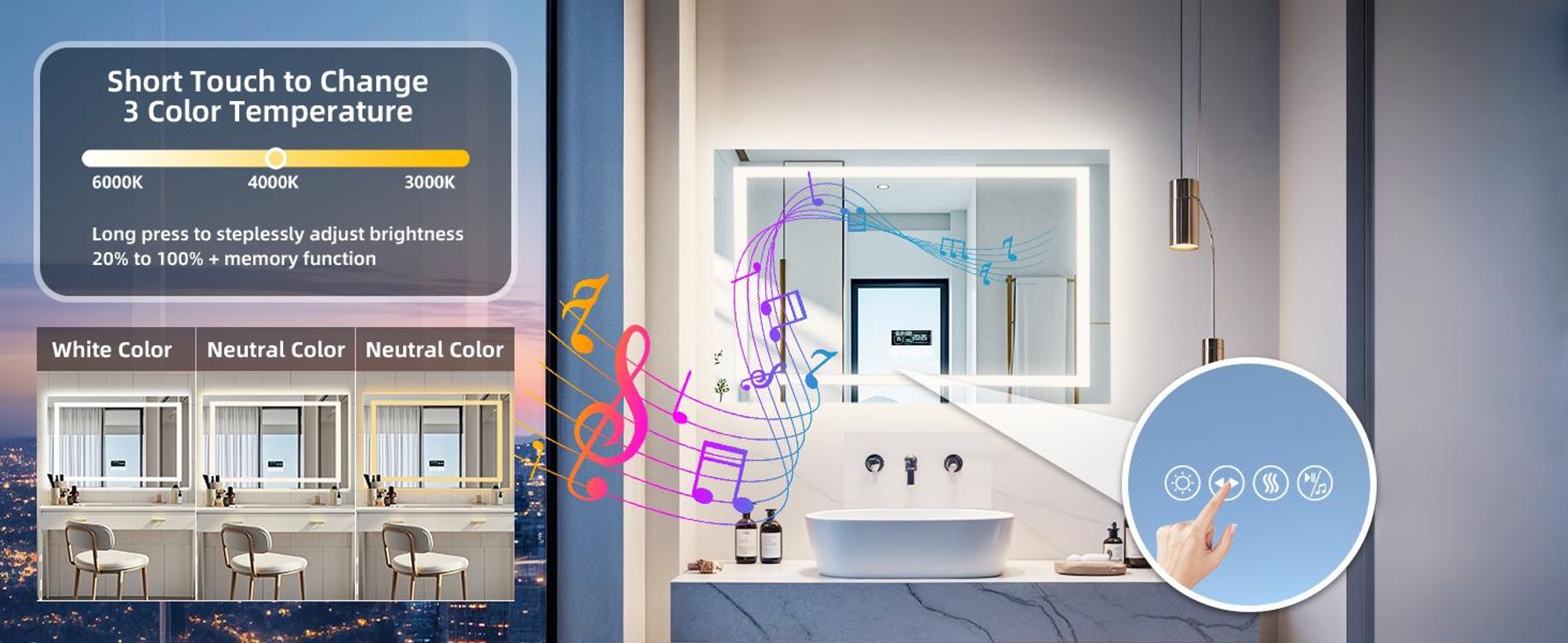WISFOR LED Badspiegel mit Bluetooth Lautsprecher, 80x60cm Badezimmerspiegel mit Beleuchtung 3 Lichtfarbe, LED Wandspiegel dimmbar beschlagfrei