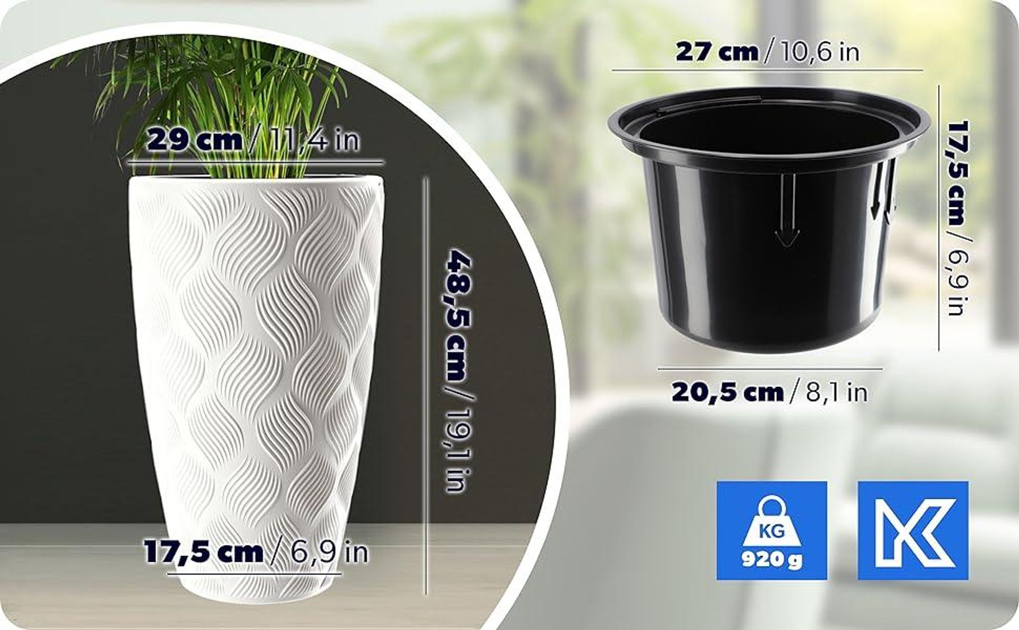 KADAX Blumentopf mit Einsatz "Jesi", Pflanzkübel aus Kunststoff, UV-Resistenter Topf, hoch, 30 cm, Weiß