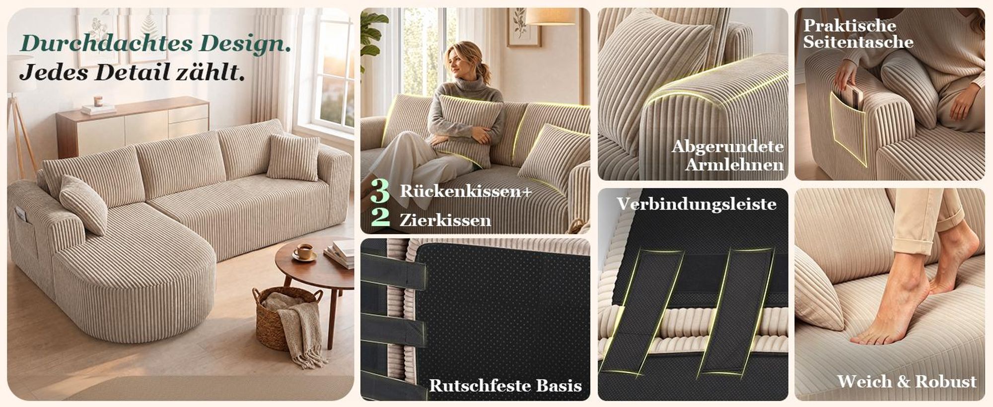 COMHOMA Ecksofa mit Schlaffunktion, 263cm Corduroy Modulares Boneless Couch mit Chaiselongue, L-Form Schlafsofa, Sektionssofas mit Kissen & Seitentasc