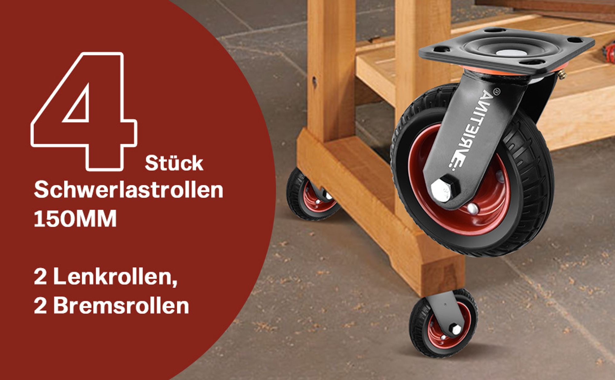 4stk Schwerlastrollen 150mm Lenkrollen mit Bremse, 360° Drehbar Transportrollen mit Deckplatte Vollgummi Rollen Max.1000kg(2 Lenkrollen 2 Bremsrollen)