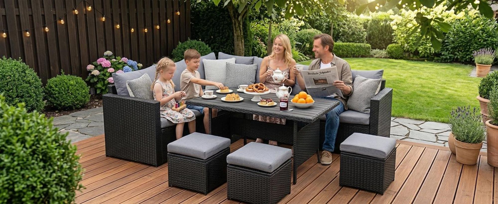 MeXo Gartenlounge Set 8 Personen Lounge Gartenmöbelset Polyrattan Essgruppe wetterfest Ecklounge mit großem Esstisch 132×76×67 cm, L-Form mit 3 Hocker