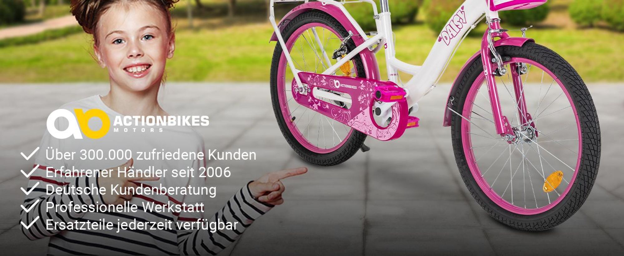 Actionbikes Kinderfahrrad Daisy 20 Zoll | Kinder Fahrrad - V-Brake Bremsen - Kettenschutz - Fahrradständer - Korb - Mädchenfahrrad - 6-9 Jahre - Pink