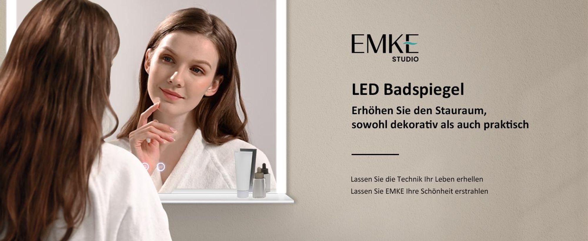 EMKE Badspiegel 80x60cm LED Beleuchtung mit Ablage Horizontal Badezimmerspiegel Touchschalter 6500K Beschlagfrei horizontal Spiegel Touch kaltmweiß