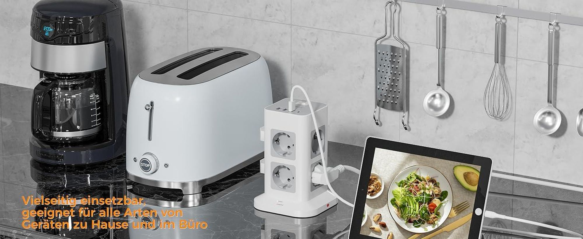 TESSAN 8 Fach Mehrfachsteckdose mit 1 USB C und 3 USB A Verlängerungskabel 2M Überspannungsschutz 3600W
