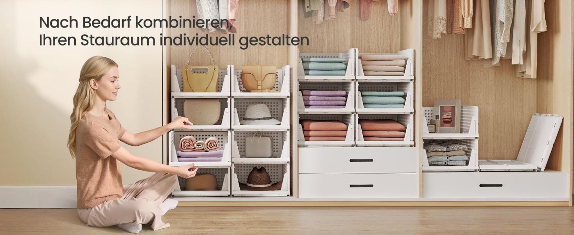 SONGMICS Schrank-Organizer klappbar, Kleiderschrank-Organizer stapelbar, ausziehbarer Korb 6er Set, Aufbewahrung und Organisation, Kunststoff