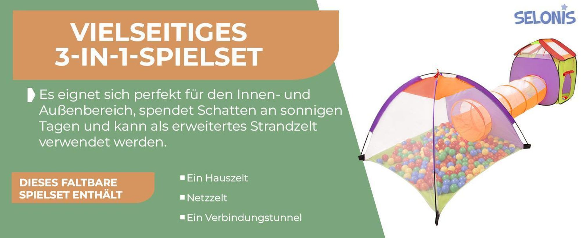 Selonis 3in1 spielzelt mit tunnel spielplatz popup bällebad keine balle 120x100x375 für kinder, blau
