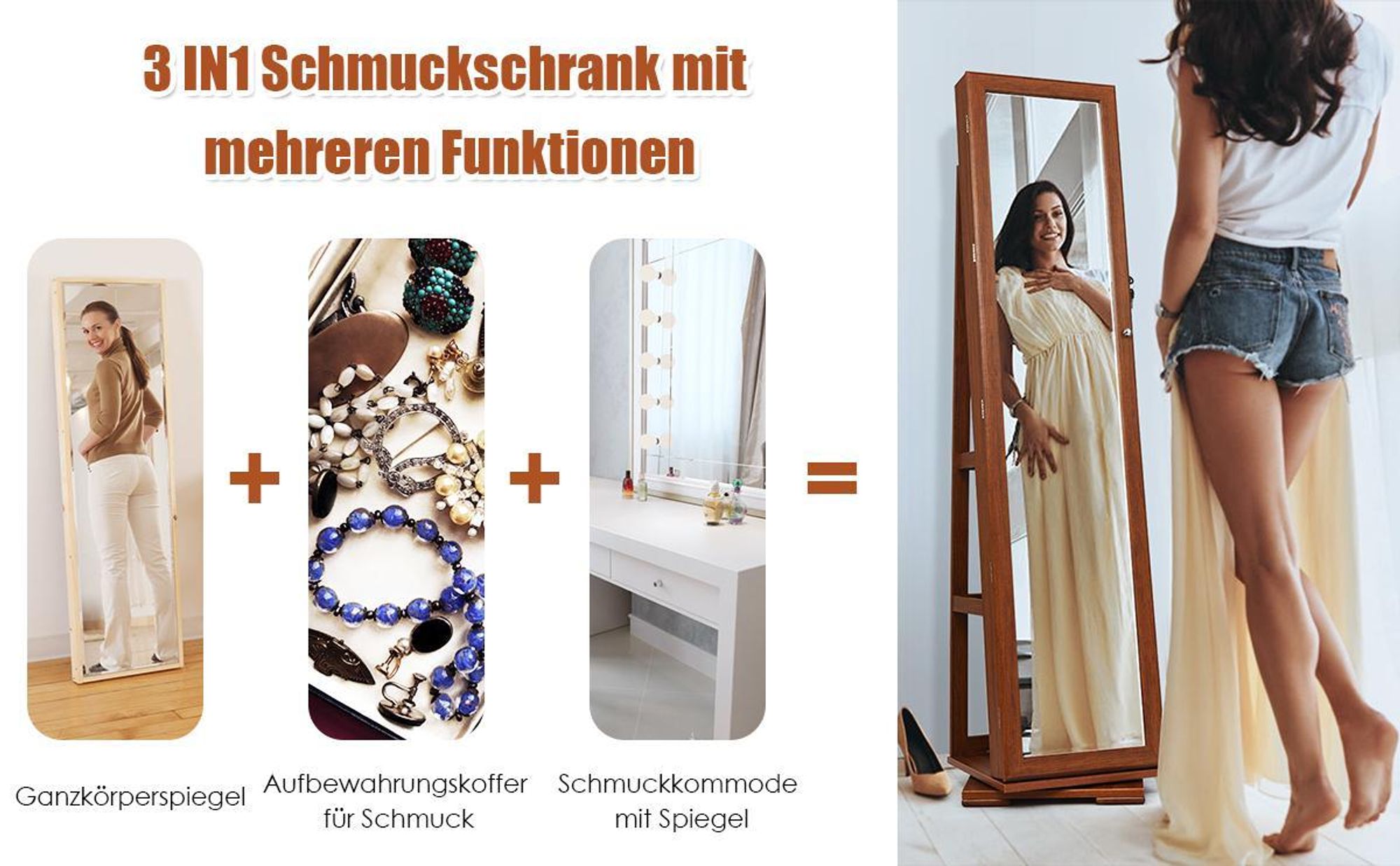 COSTWAY Schmuckschrank, Spiegelschrank mit Ganzkörperspiegel & eingebauter Make-up-Spiegel, 360° drehbar, abschließbar, Schmuck-Organizer Braun