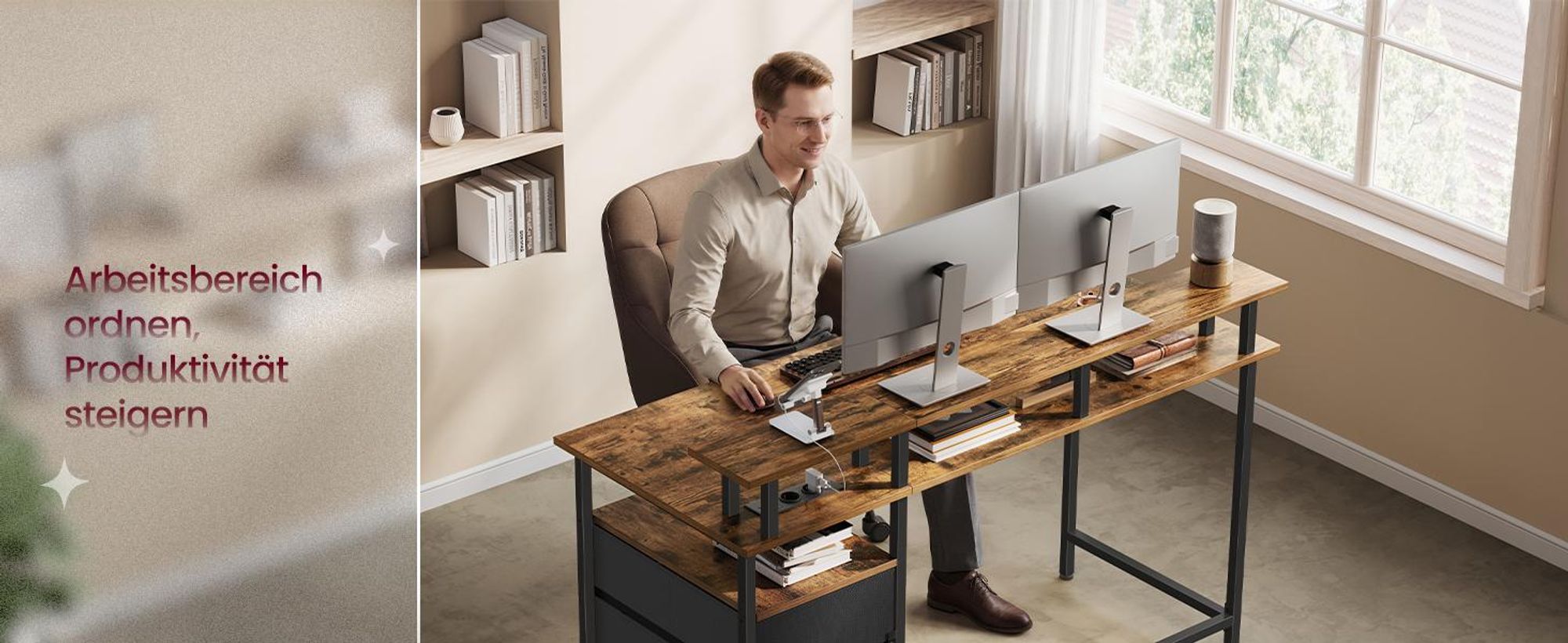 VASAGLE Schreibtisch mit Stoff-Schubladen, Computertisch mit Monitorständer, Bürotisch, 2 AC-Steckdosen, 2 USB-A-Anschlüsse, für Homeoffice, 140 cm