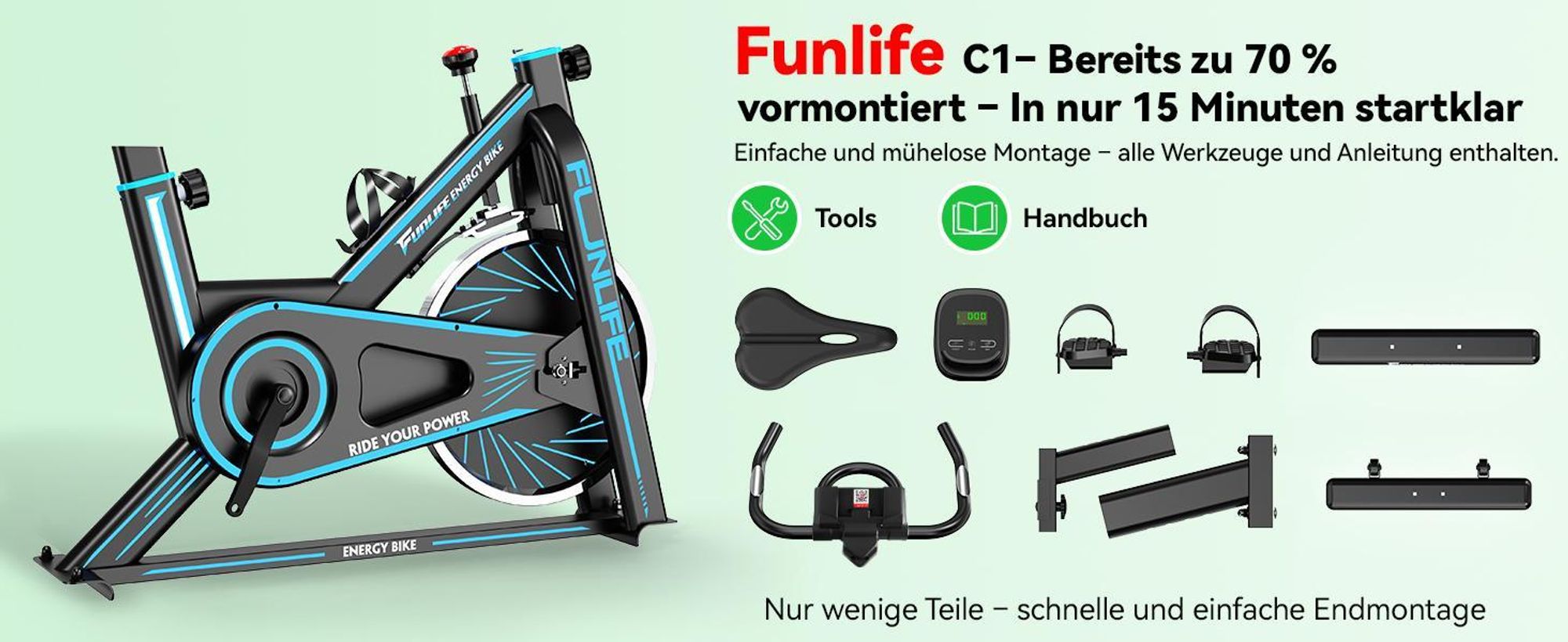 FunLife C1 Heimtrainer – Indoor Bike mit Bluetooth, FitShow & Kinomap, stufenlosem Widerstand, Herzfrequenzmessung, bis 120 kg
