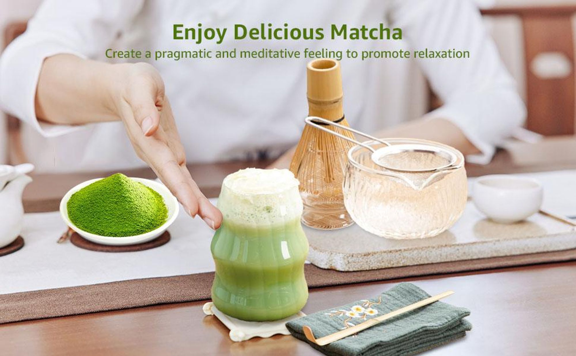 Matcha Teezeremonie Set, Matcha Komplett-Set, Japanisches Matcha-Set, Matcha-Set, Matcha Schneebesen, Glas Schale, Teelöffel, Tasse, Sieb, Teetuch