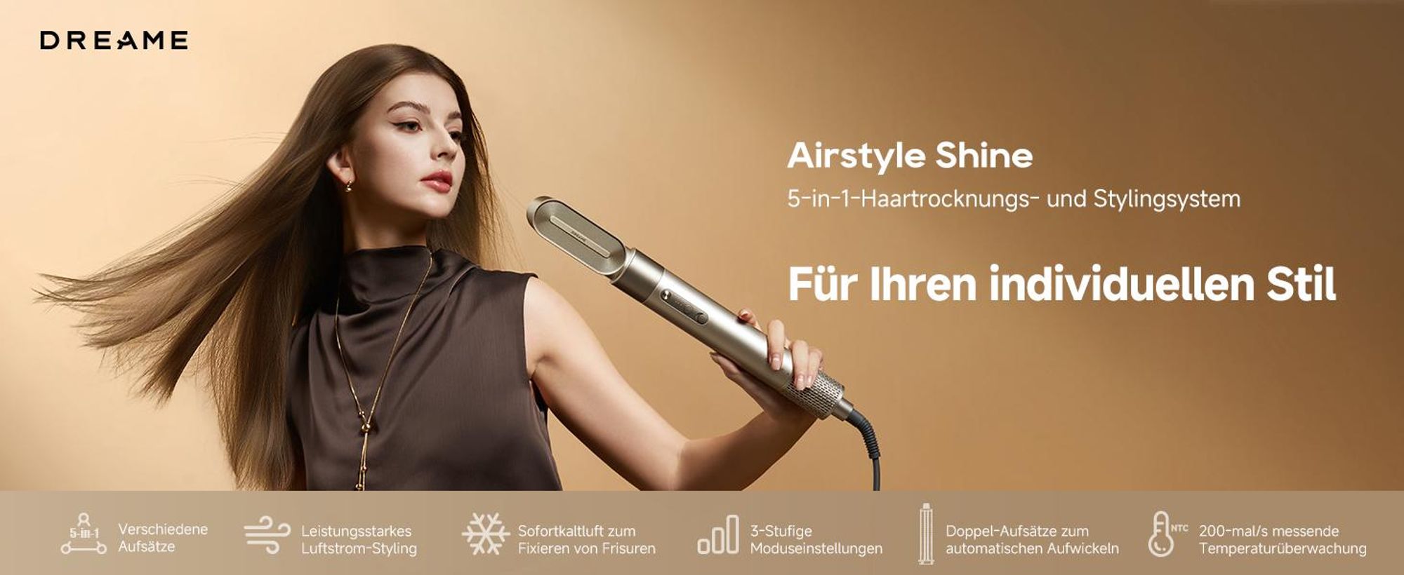 Dreame 6978515253898, Multistyler, Airflow, Tasten, Gold, 1200 W, AC