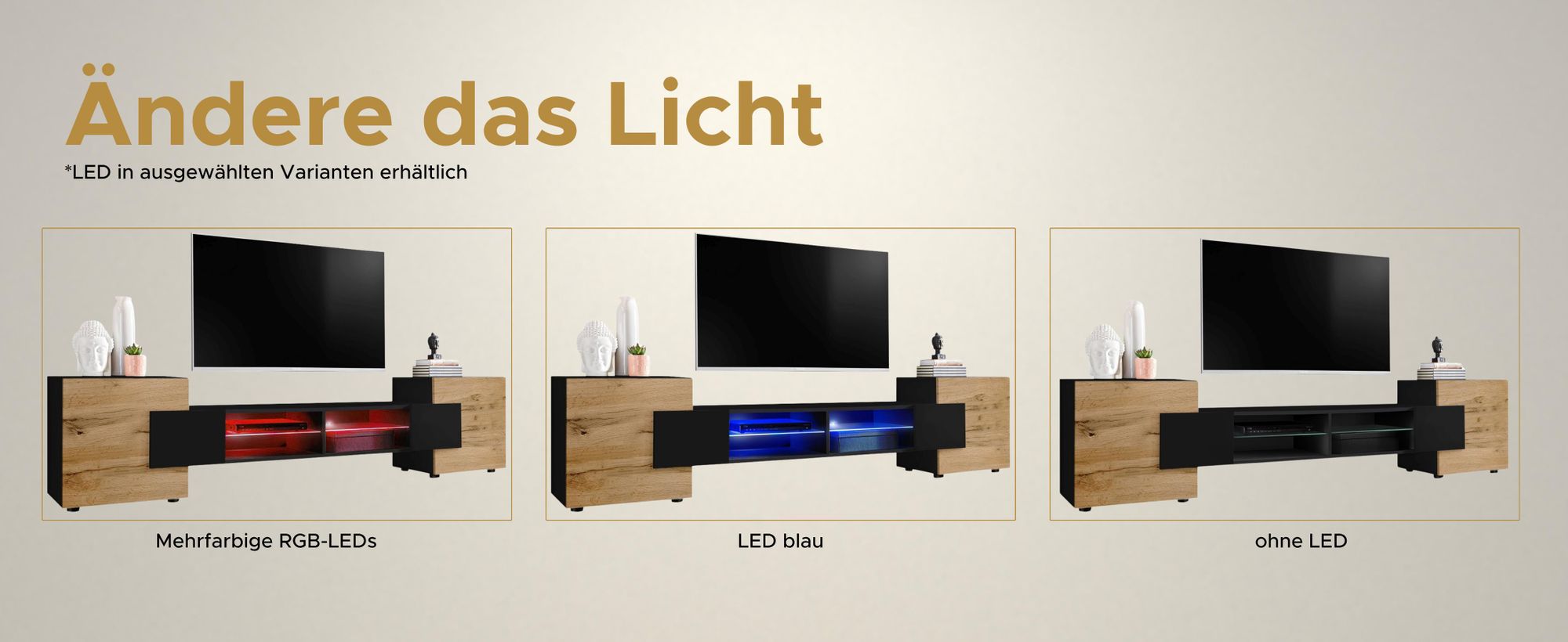 Komodee | TV-Schrank mit 2 Türen Merano | Korpus Schwarz Matt Frontfarbe Wotan und Schwarz , LED RGB