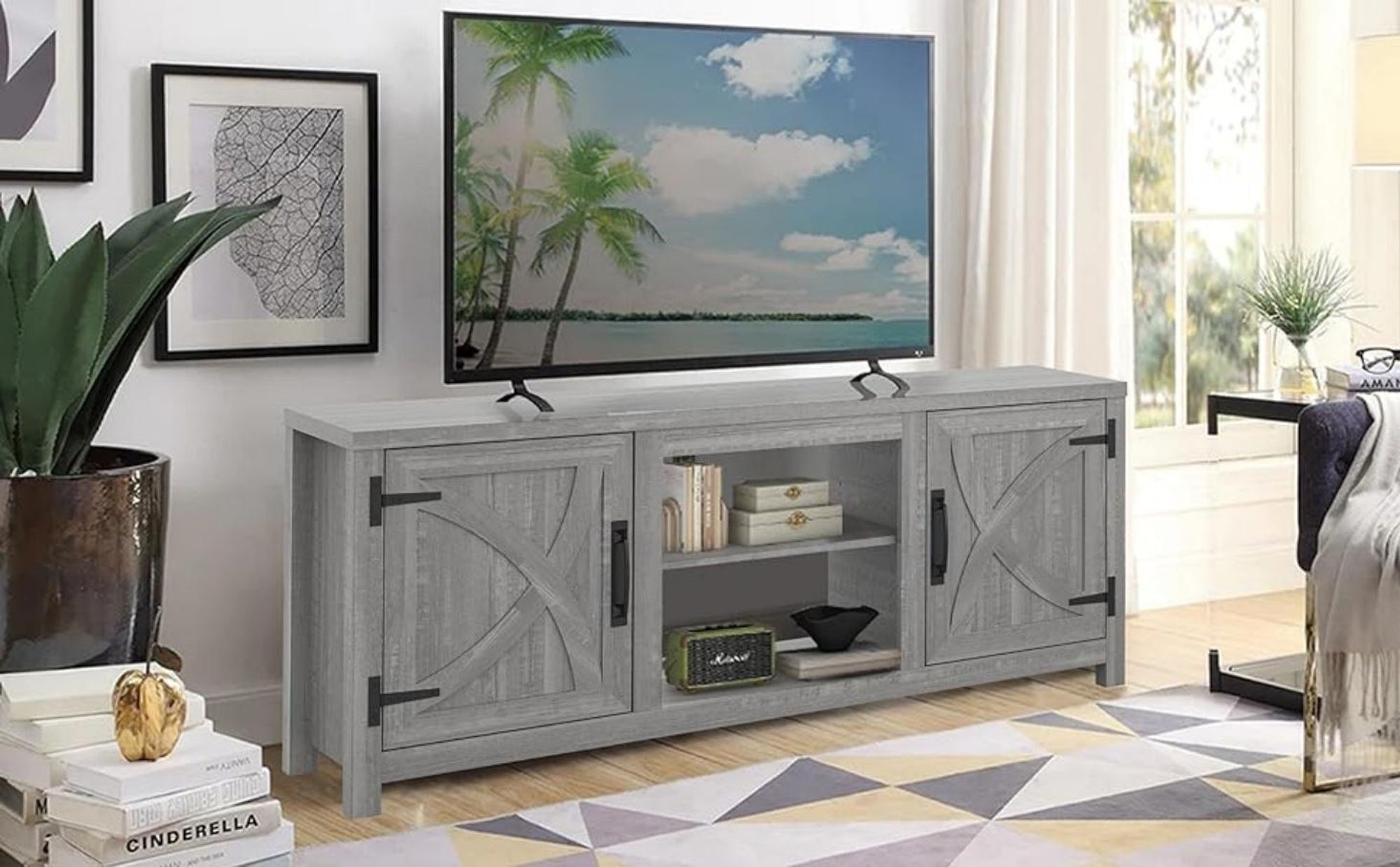 Parrot Uncle TV-Schrank für Fernseher bis 65 Zoll, MDF, Grauer , mit 2 offenen Fächern und 2 Tür, 147 x 41 x 62 cm, 54 kg Tragkraft