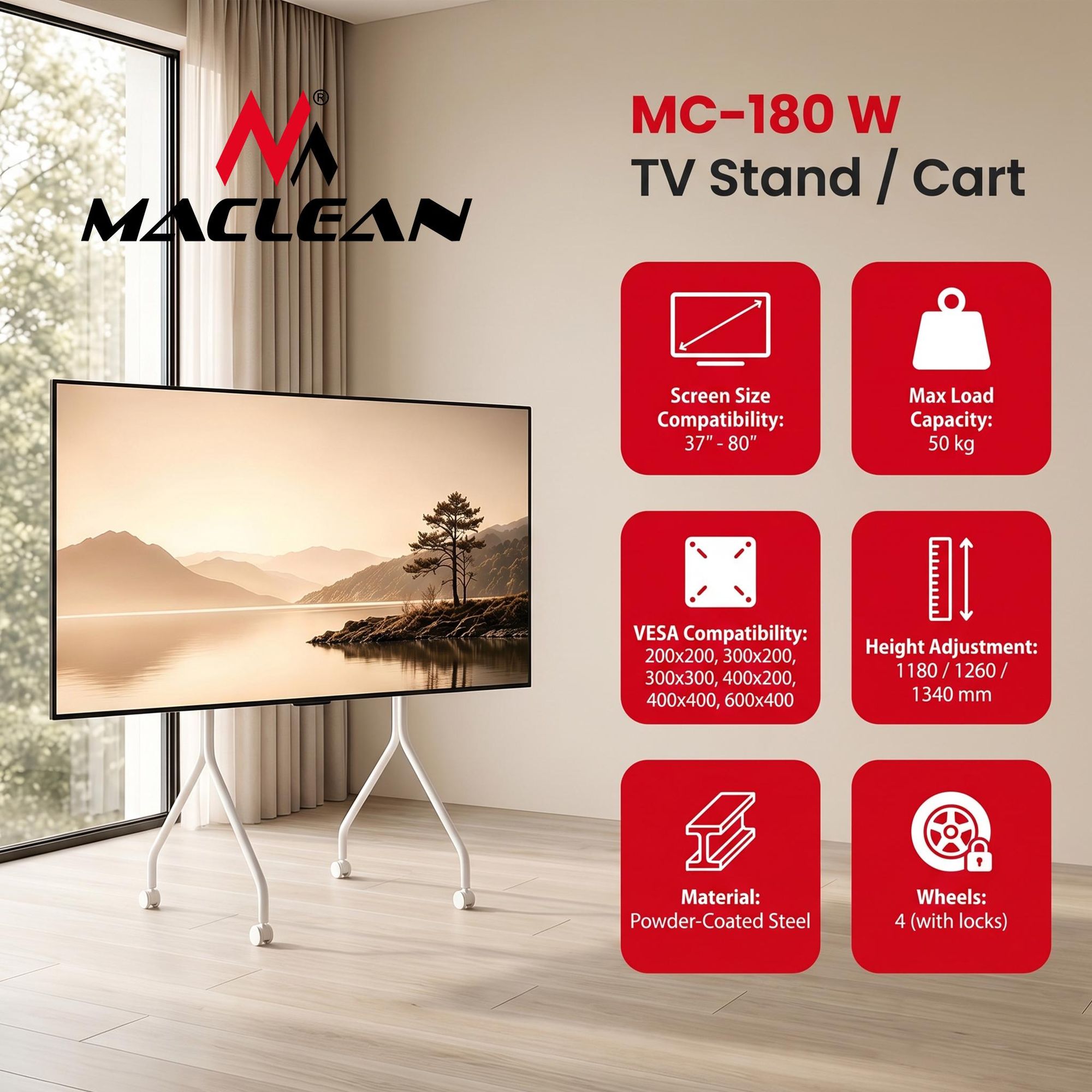 Maclean TV-Ständer/Rollwagen auf Rollen 37–80" max. Tragkraft 50 kg max. VESA 600 × 400 weiß MC-180 W
