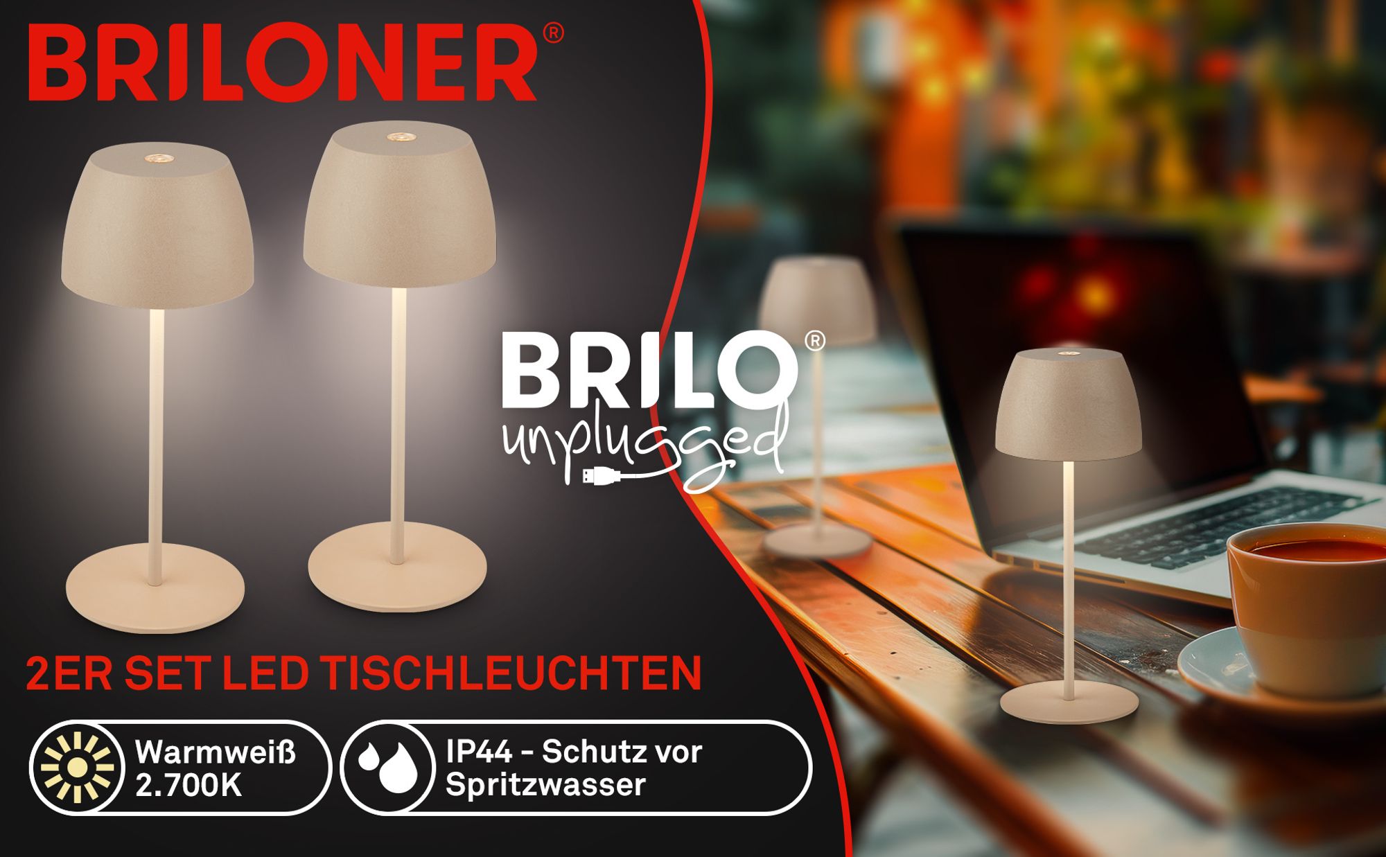 Briloner Serina 2er Set Mini LED Tischlampe kabellos IP44, Dimmbar, Touch, Spritzwasserschutz, akku, Beige, Ø8 x 20 cm