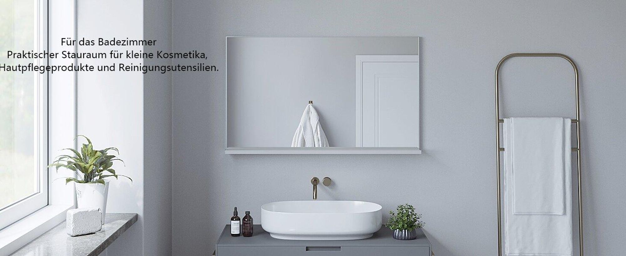 AQUABATOS  Badspiegel mit Ablage 100 x 60 cm  Hochwertiges Glas Wandmontage Einfach zu Reinigen Modern Badezimmerspiegel IP44