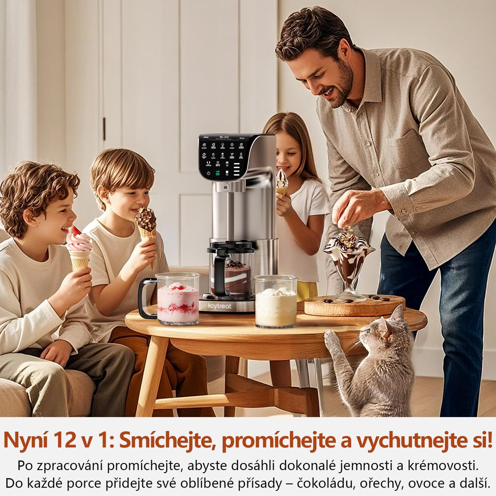 Výrobník zmrzliny IcyTreat IC-1010 EU – CE – Plně automatický, kryt z nerezové oceli – Vybavený 3 nádobami a 12 programy – Stříbrný
