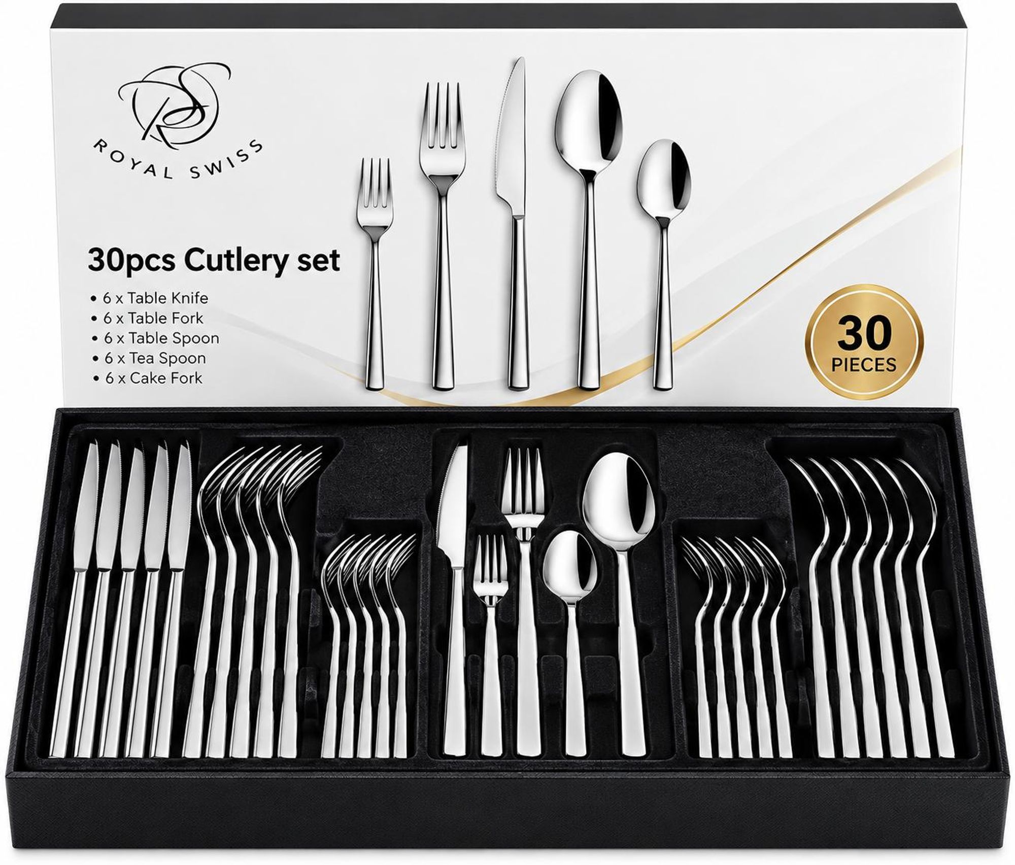 Royal Swiss Besteckset 30-teilig für 6 Personen – Edelstahl – Spülmaschinengeeignet