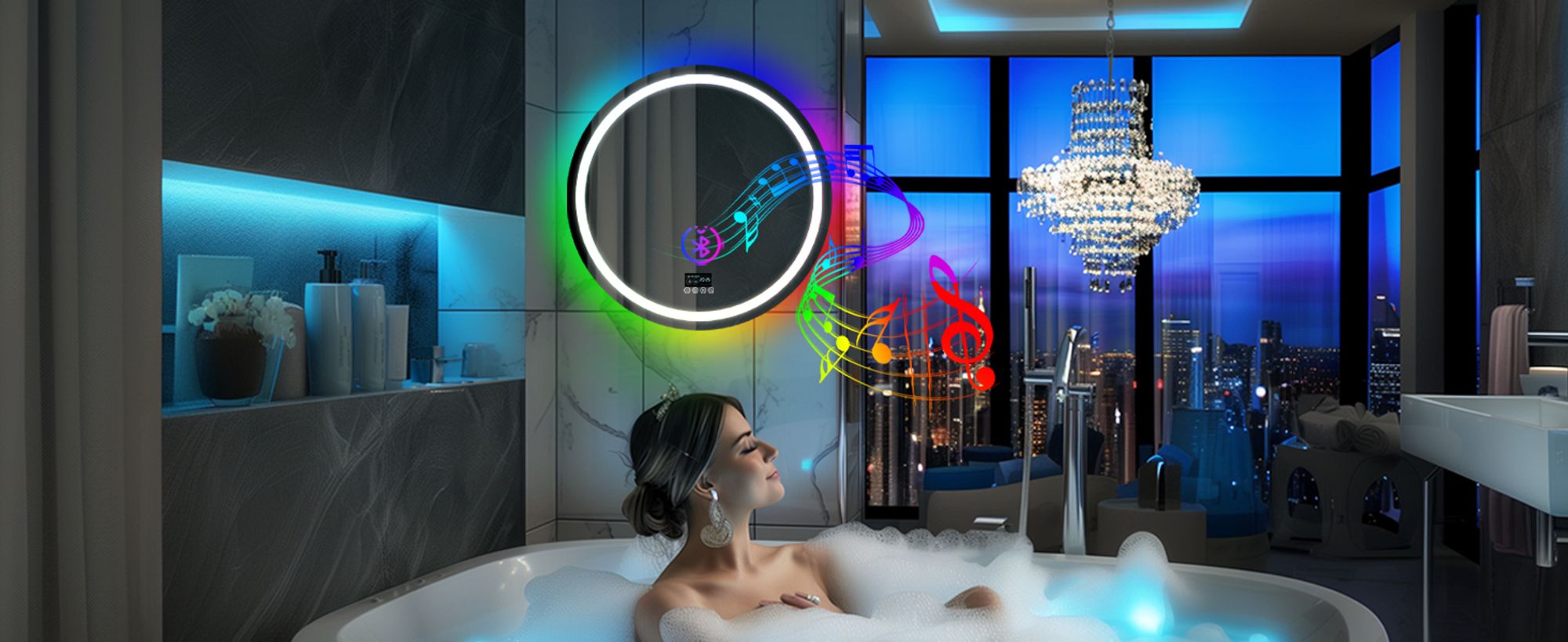 WISFOR LED Badspiegel Rund mit Bluetooth Lautsprecher, 80cm RGB Wandspiegel Badezimmerspiegel mit Beleuchtung dimmbar Beschlagfrei Touchschalter