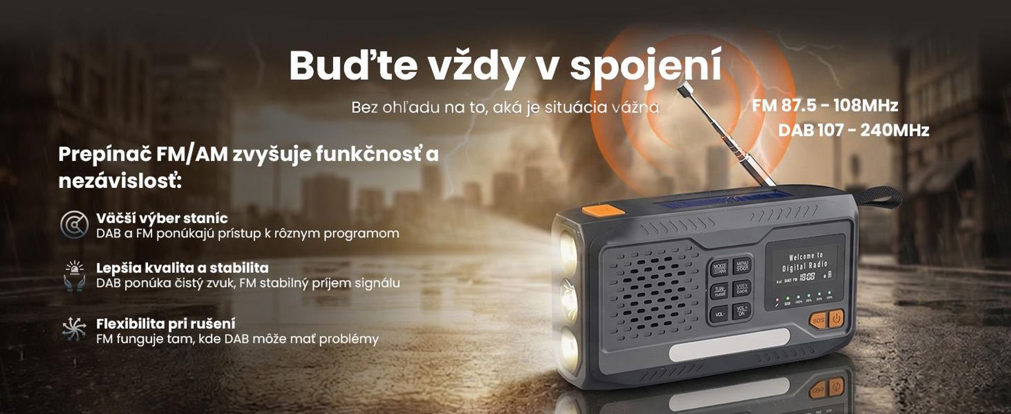 Extralink Núdzové rádio DAB/FM, solárne, dynamo, 4500 mAh, Bluetooth a SOS