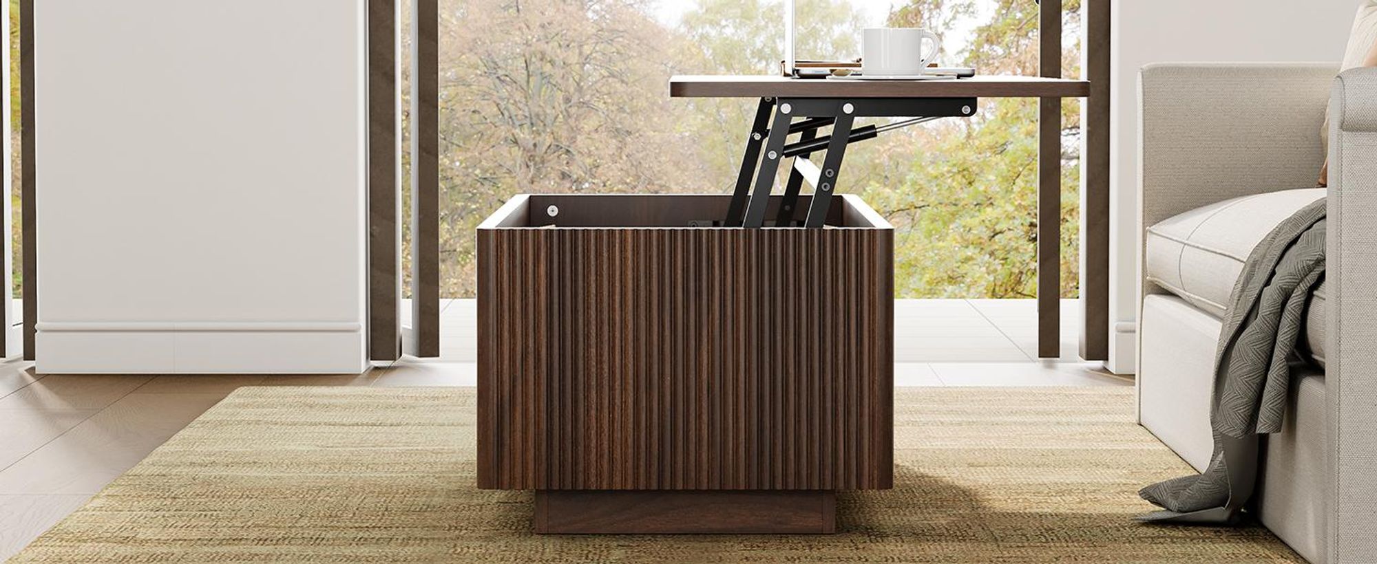 FABATO Lift-Couchtisch 106 cm mit großem verstecktem Stauraum, rechteckiges Fluted-Design mit abgerundeten Ecken, aufklappbar, Walnuss-Farbe, Mid-Cent