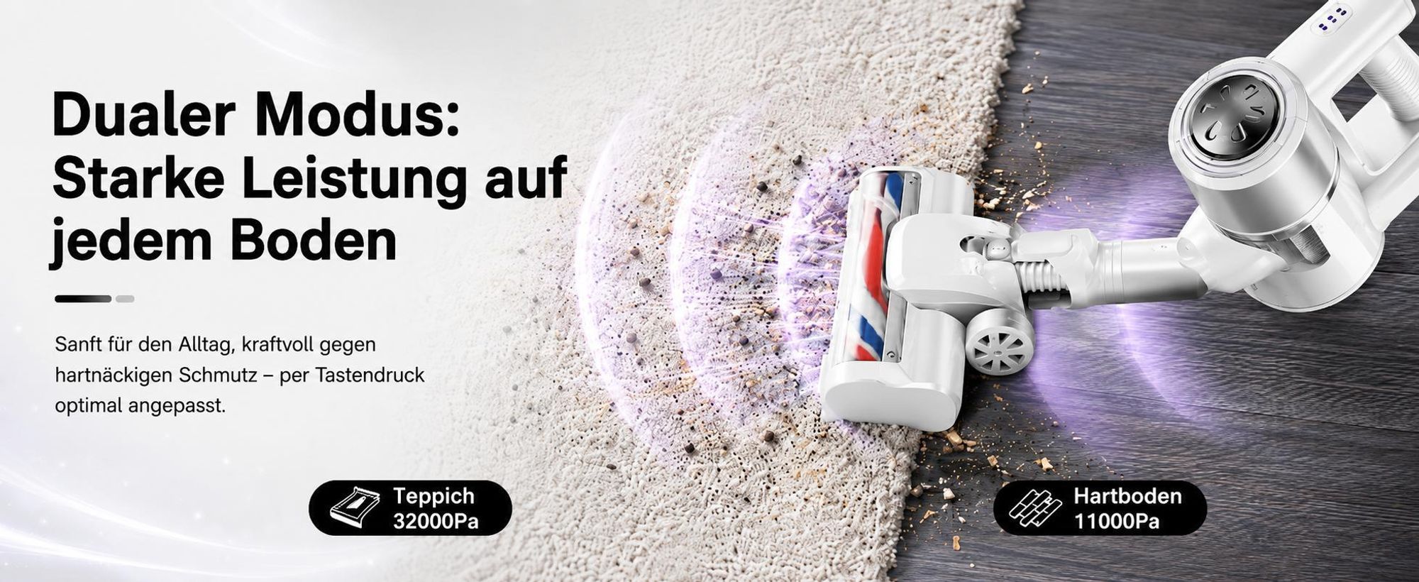 Akku Staubsauger, 500W/32000 Pa Staubsauger kabellos mit HEPA ,45 Min, kabelloser Staubsauger,Anti-Tangle-Staubsauger, Handstaubsauger für Tierhaare