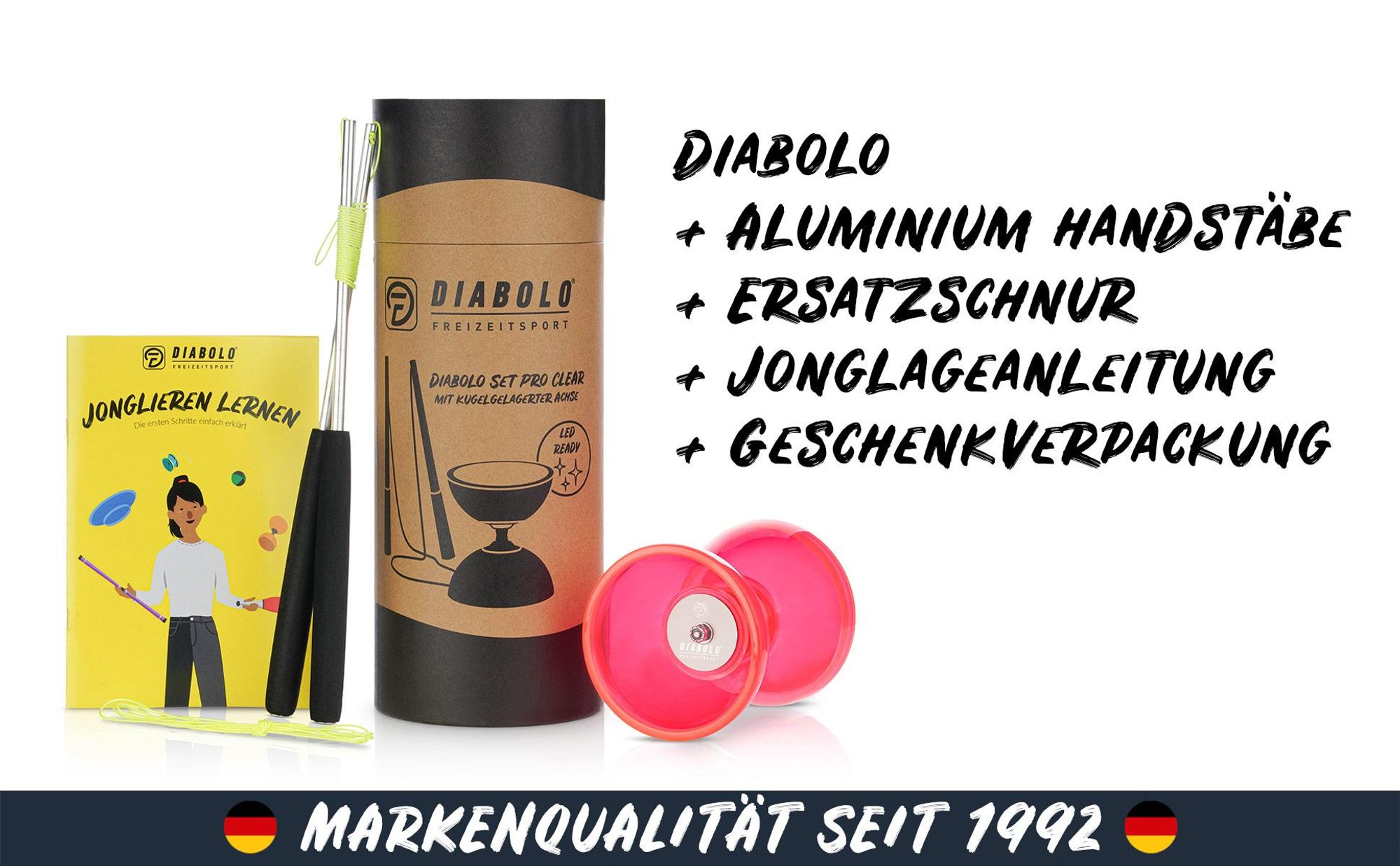 Diabolo Freizeit Satz mit Kugellagerachse | kugelgelagerter LED in Rosa Farbe |Set mit robuster Konstruktion für Anfänger und Fortgeschrittene |