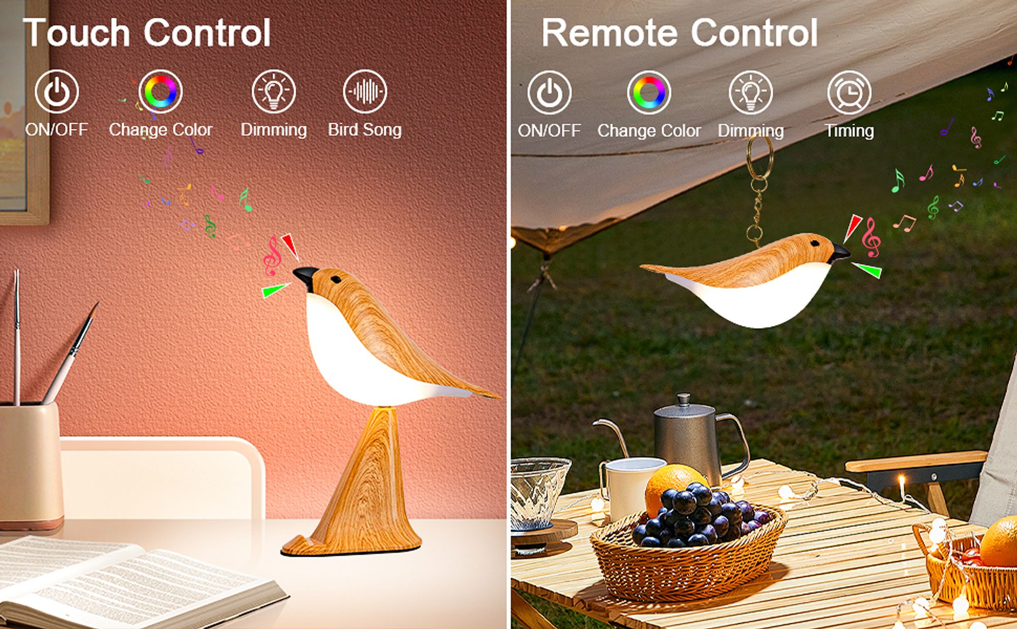 Kleine Vogeltischlampe,2600mAh USB kabellose Lampe,3 Farbtemperaturen,Smartphone Halterung,Aroma Diffusor,Vogelklang,tragbare Nachttischlampe(Gelb)