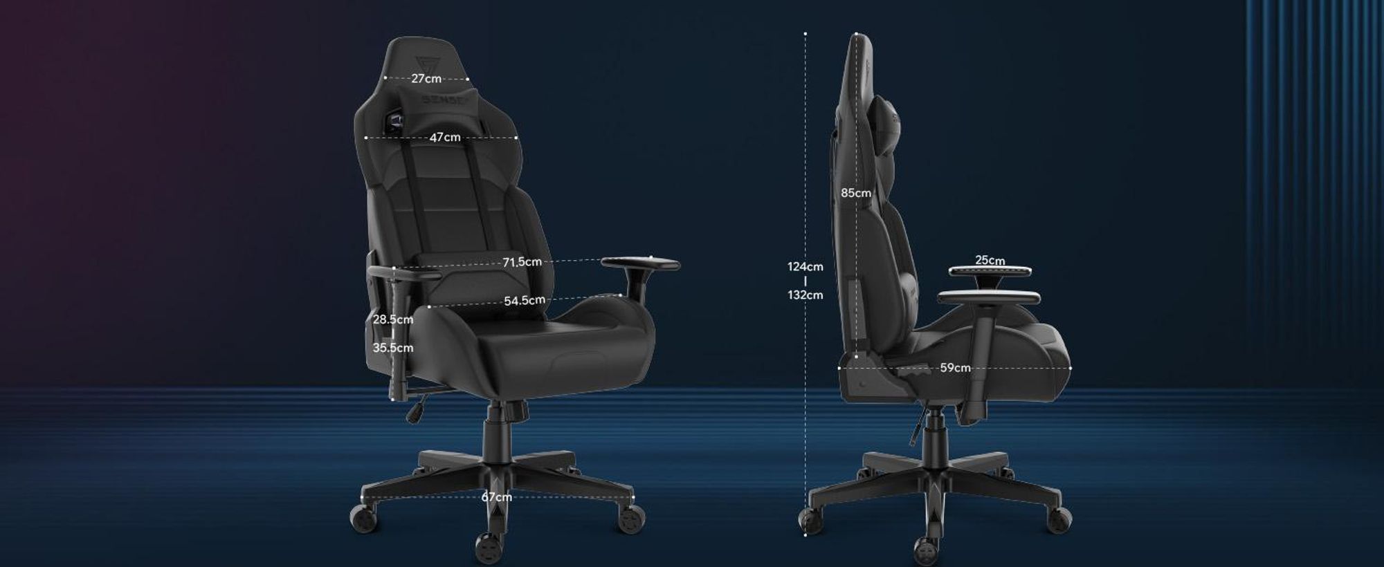 Herná stolička SENSE7 Sentinel – ergonomická kancelárska stolička s 3D podrúčkami, sklonom 160°, funkcia naklápania, čalúnenie HDE™, plynový píst, nosnosť do 150 kg, čierna