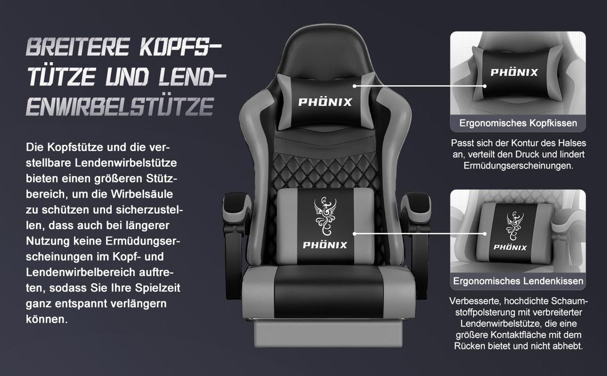 Aiibot Gaming Stuhl Bürostuhl Ergonomisch Schreibtischstuhl Bürostuhl 150 kg Drehstuhl mit Lordosenstütze, Gaming Sessel 90°-165° und Wippfunktion