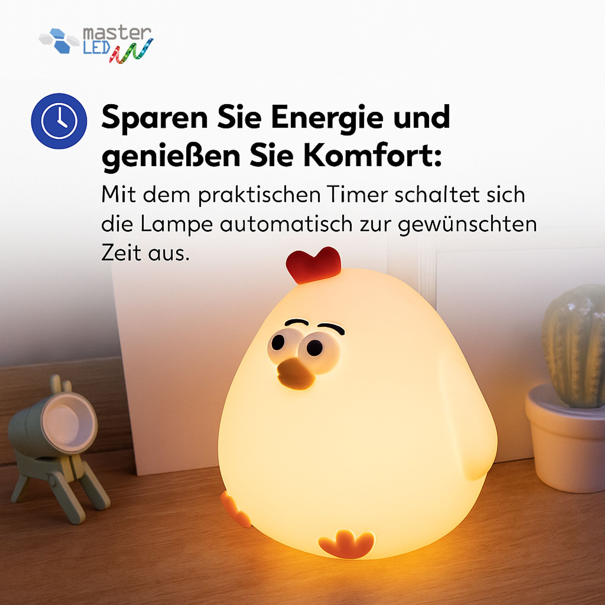 Weiche Masterled LED-Lampe mit Timerfunktion, in Hühnerform.