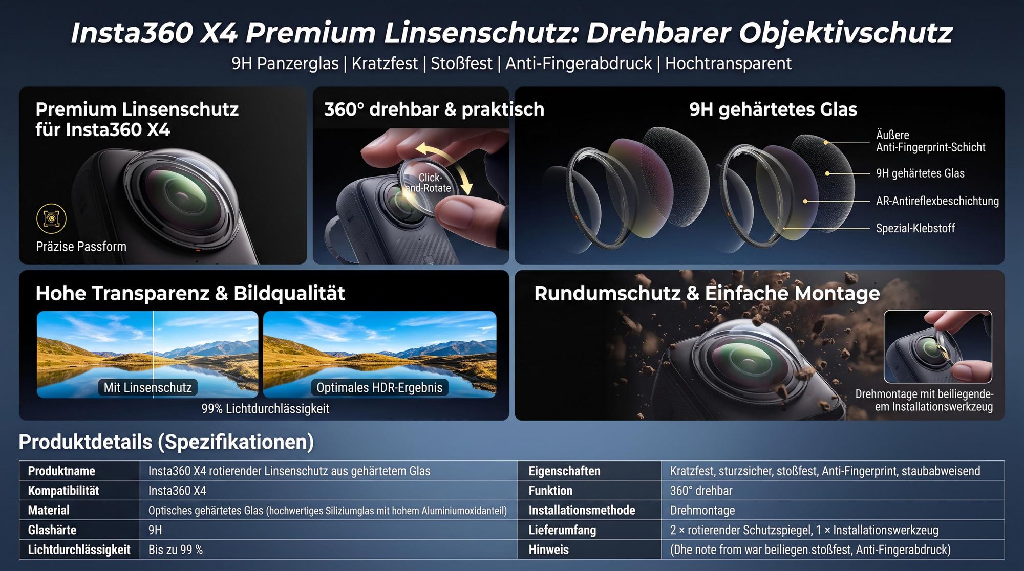 Insta360 X4 Premium Linsenschutz, 9H Panzerglas Drehbarer Objektivschutz, Kratzfest Stoßfest Anti-Fingerabdruck, Hochtransparenter Kameraschutz