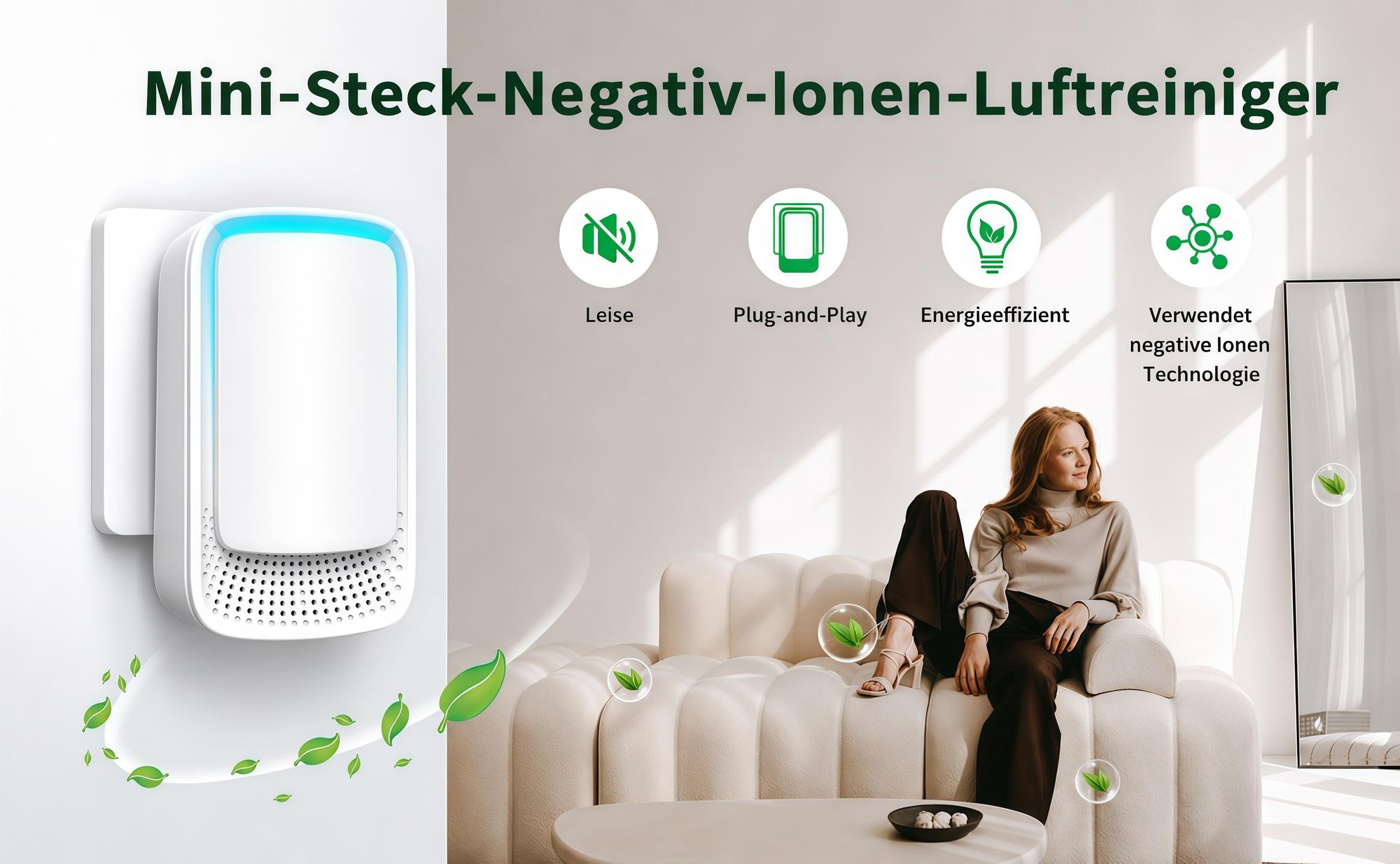Luftreiniger, Negativ-Ionen-Luftreiniger, 4 Stück, Flammhemmendes Material, 24-Stunden-Dauerbetrieb, Leise & energiesparend