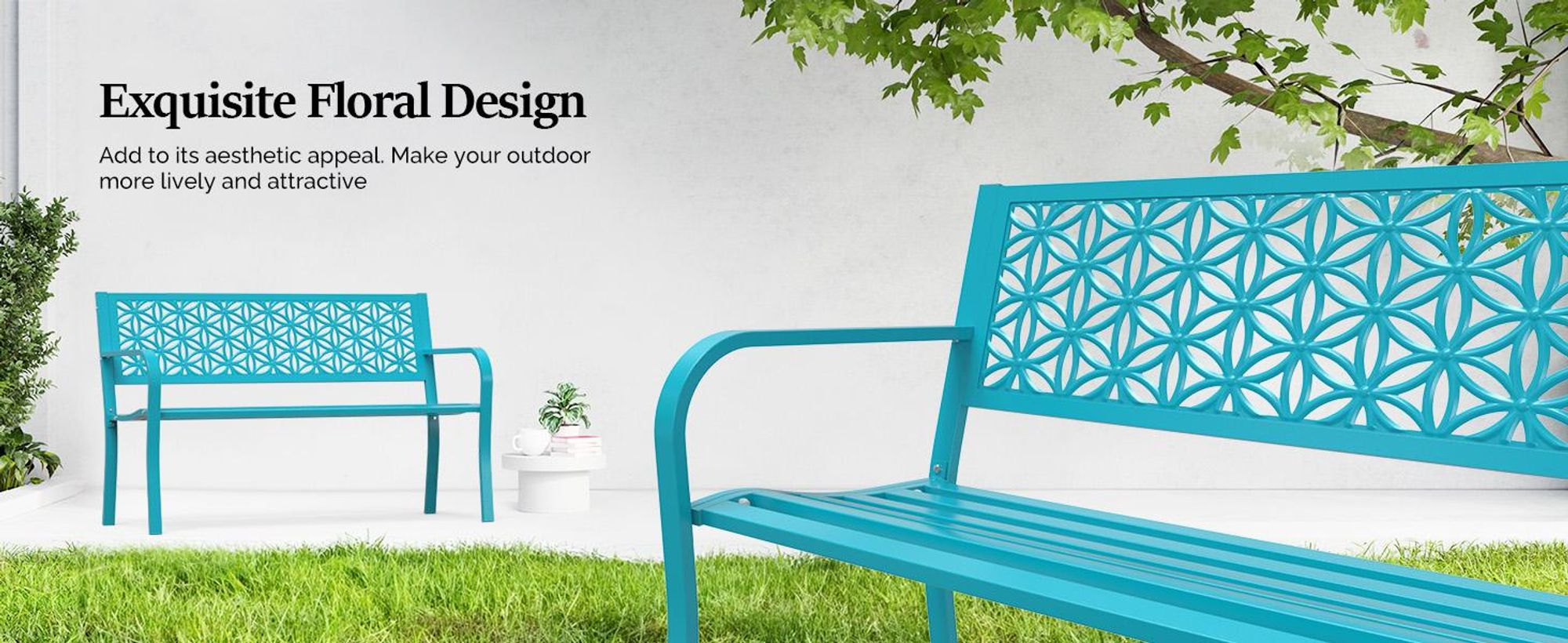 FCH Gartenbank Metall, Parkbank aus Eisen, Metallbank bis 250 kg belastbar, Sitzbank Wetterfest, für Balkon, Garten, Terrasse, 125×58×81cm, Blau