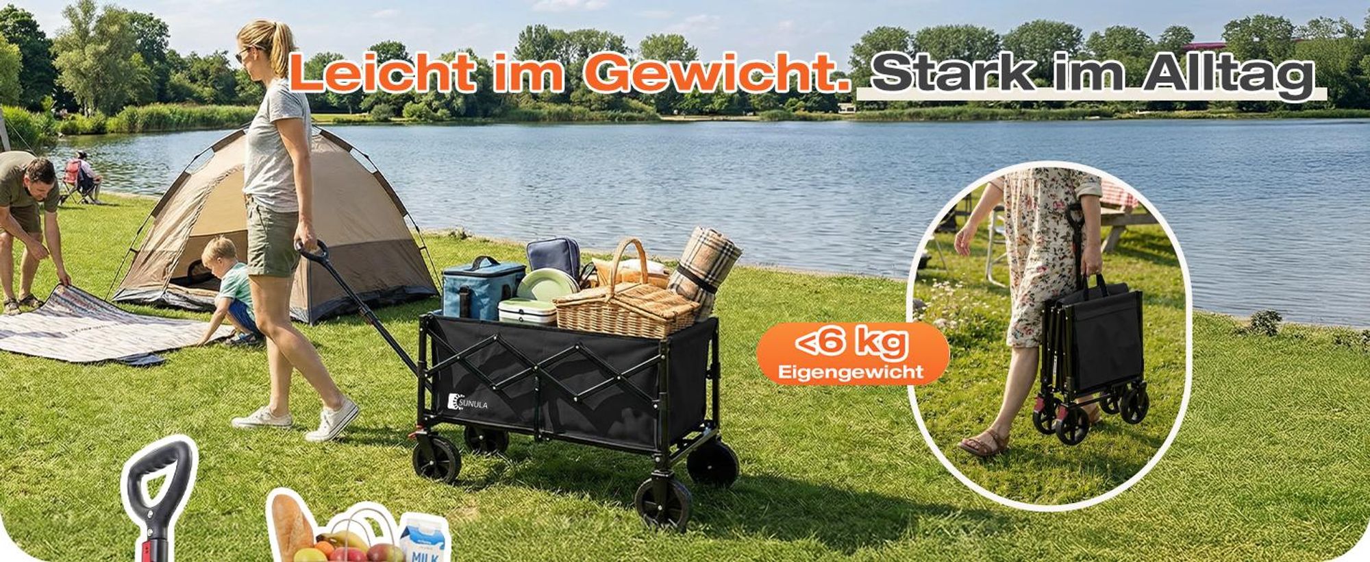 SUNULA Bollerwagen Faltbar Klein 80L 100KG, Klappbarer Handwagen Einkaufen, Schwarz