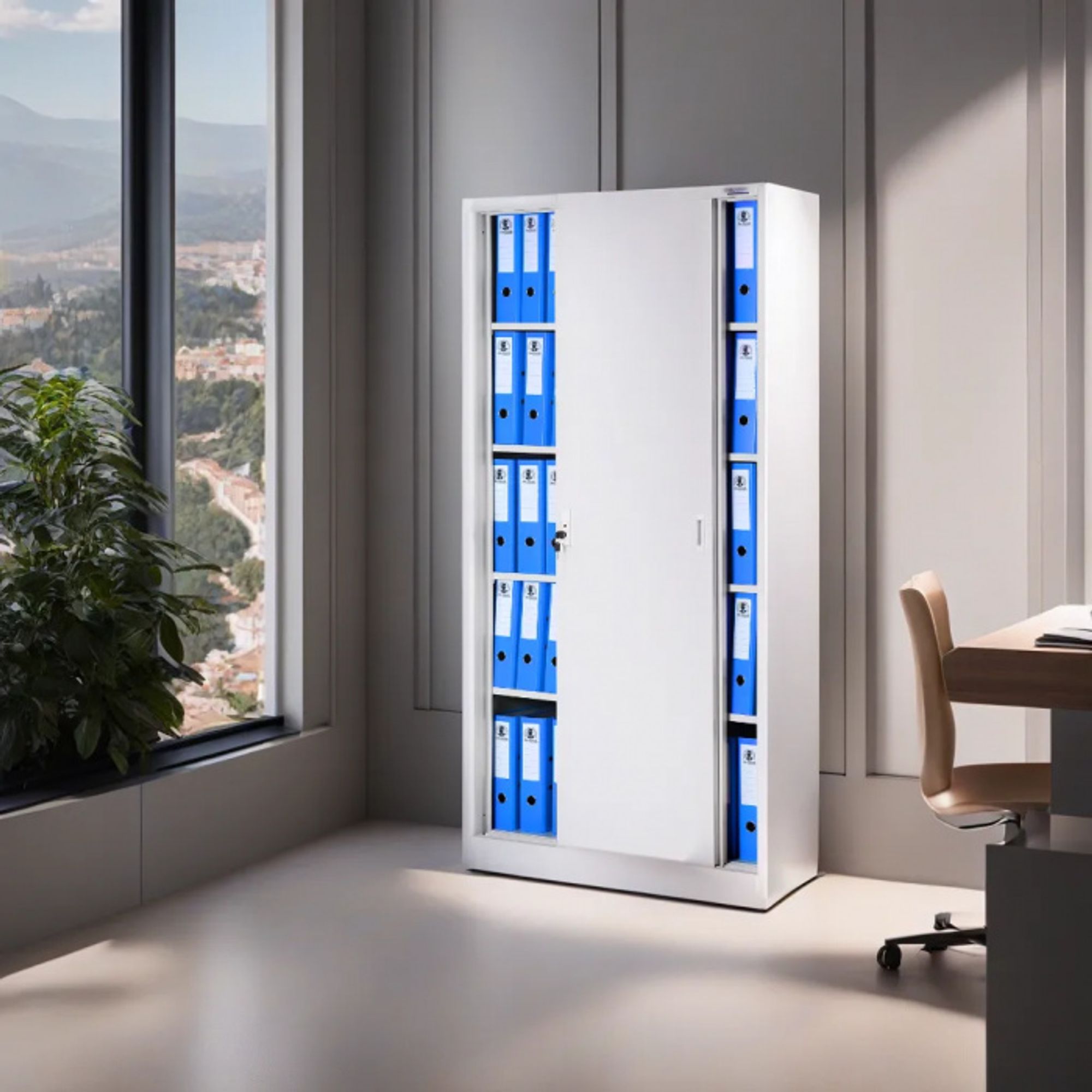 Aktenschrank Büroschrank mit Schiebetüren Stahlblech Fachböden Pulverbeschichtung abschließbar 185 cm x 90 cm x 40 cm Farbe: Grau