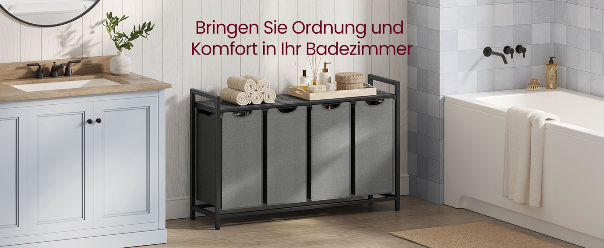 VASAGLE Wäschekorb 4 Fächer, Wäschesammler mit Ablage, Wäschebox, Metallrahmen