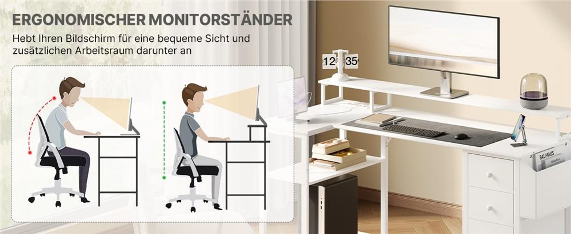Yaheetech L-förmiger Computertisch, Schreibtisch mit Ladestation, umkehrbarer Gaming-Tisch, mit Monitorhalterung & Aufbewahrungstasche, Weiß