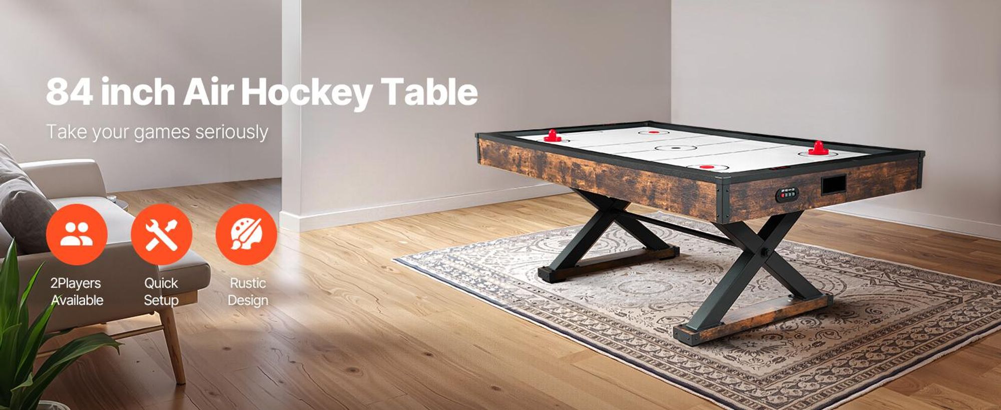 VEVOR 84" Air Hockey Tisch, Indoor Arcade Tisch Spielset mit 2 Schlägern, 2 Pucks, elektronischem Punktesystem, X-förmigen Beinen & Hochleistungsgebläse, luftbetriebenem Hockeyspieltisch für Familien-Spielzimmer Büro, 214 cm