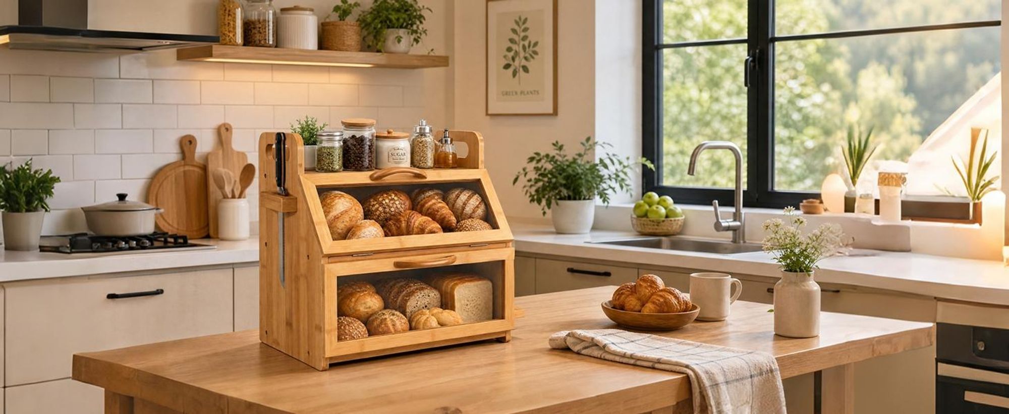 2 Etagen Bambus Brotkasten mit Sichtfenster, Großer Brotbox, Holz Brotbehälter für Hörnchen, Brötchen, Brotaufbewahrung Küche, 38 cm x 28 cm x 39 cm