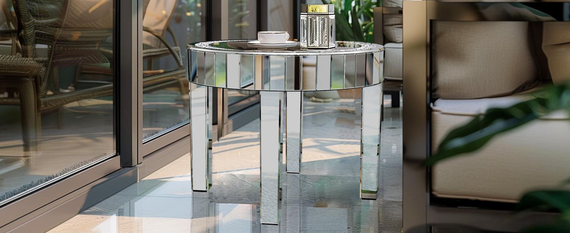 WISFOR Couchtisch verspiegelt, Beistelltisch rund mit Diamantoptik, Silber, Ø60 x H50 cm